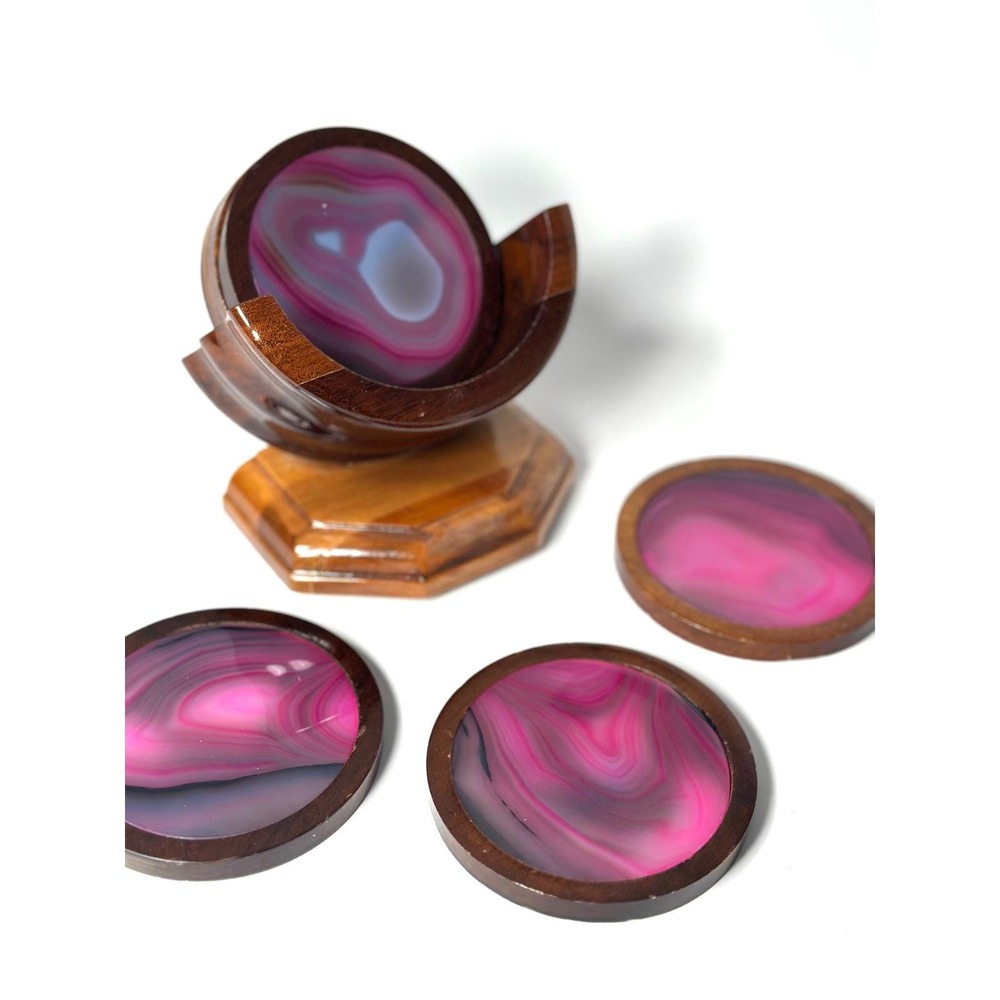 Vintage Agate Coasters, Brazilian Wood, Pink, Mid Century Modern, Set Of 6